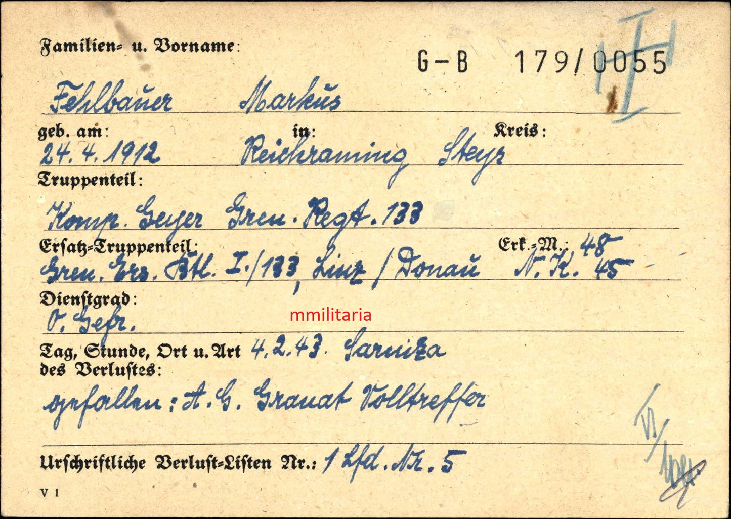 Sterbebild Obergefreiter Garsten Komp. Gren. Regt. 133 Sarniza Russland