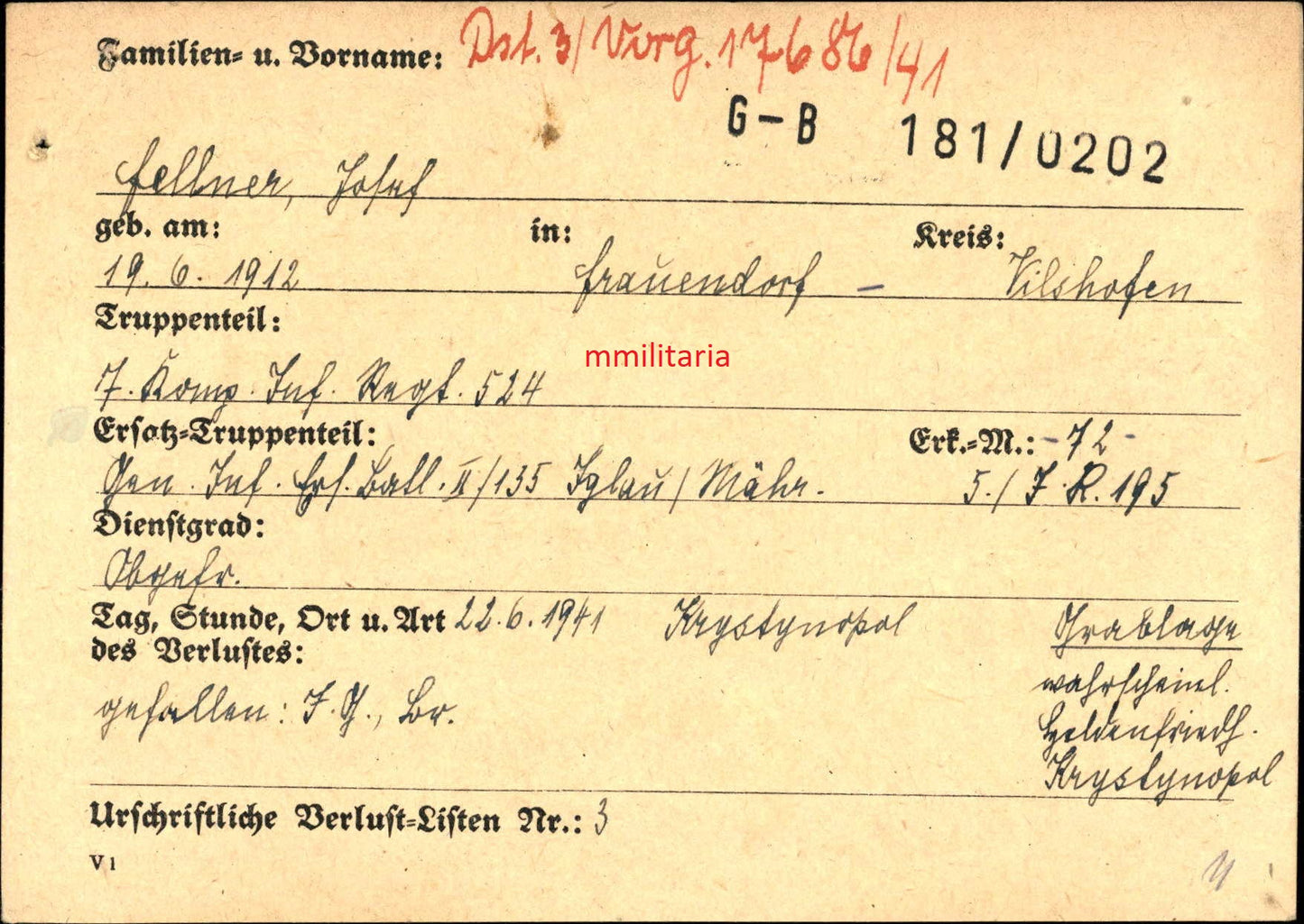 Sterbebild Obergefreiter Punzing 7. Komp. Inf. Regt. 524 Krystynojsol Ukraine