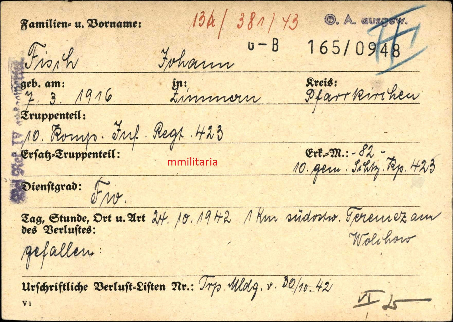 Sterbebild Feldwebel Neukirchen 10. Komp. Inf. Regt. 423 Ilmensee Wolchow Russland