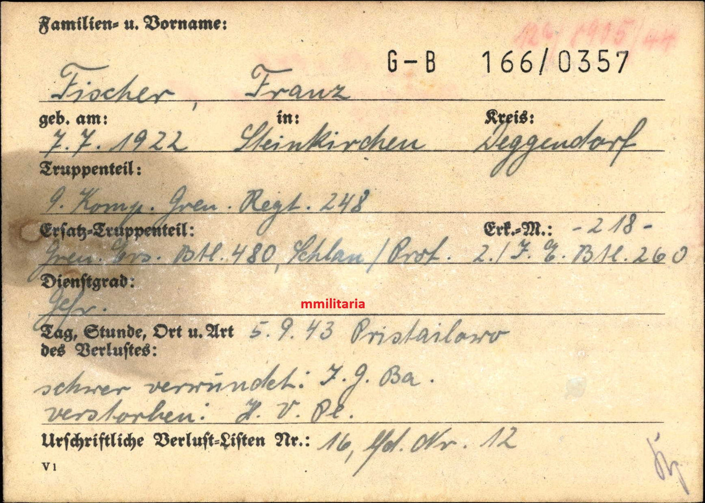 Sterbebild Gefreiter Steinkirchen 9. Komp. Gren. Regt. 248 Osten