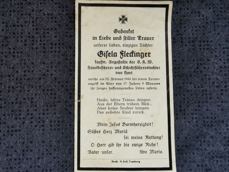 Sterbebild Kaufmännische Angestellte 17 Jahre Terrorangriff Februar 1945 Deutschland