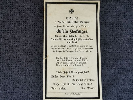 Sterbebild Kaufmännische Angestellte 17 Jahre Terrorangriff Februar 1945 Deutschland