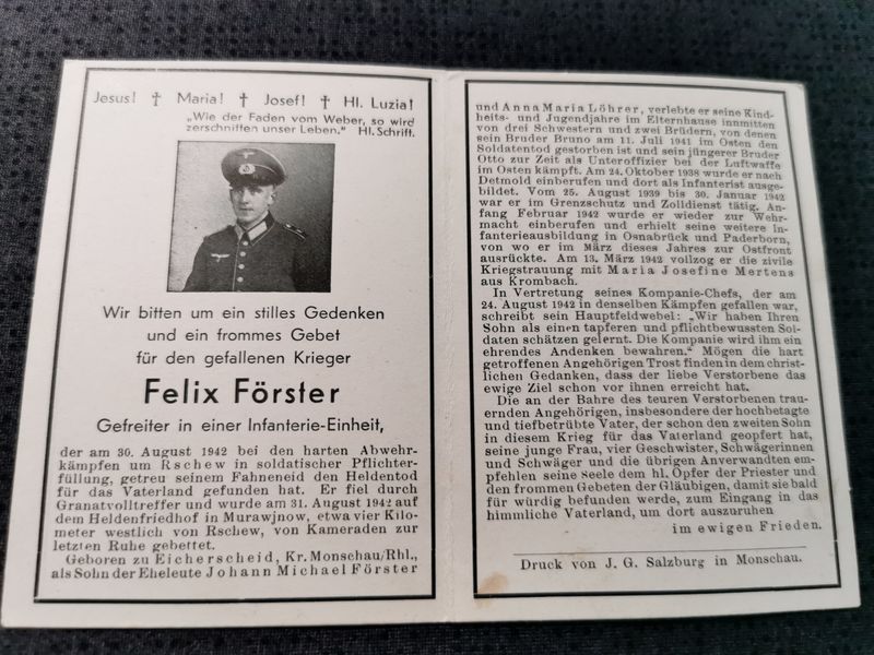 Sterbebild Gefreiter Monschau Infanterie Einheit Granatvolltreffer Murawjnow Rschew Russland - www.mmilitaria.com