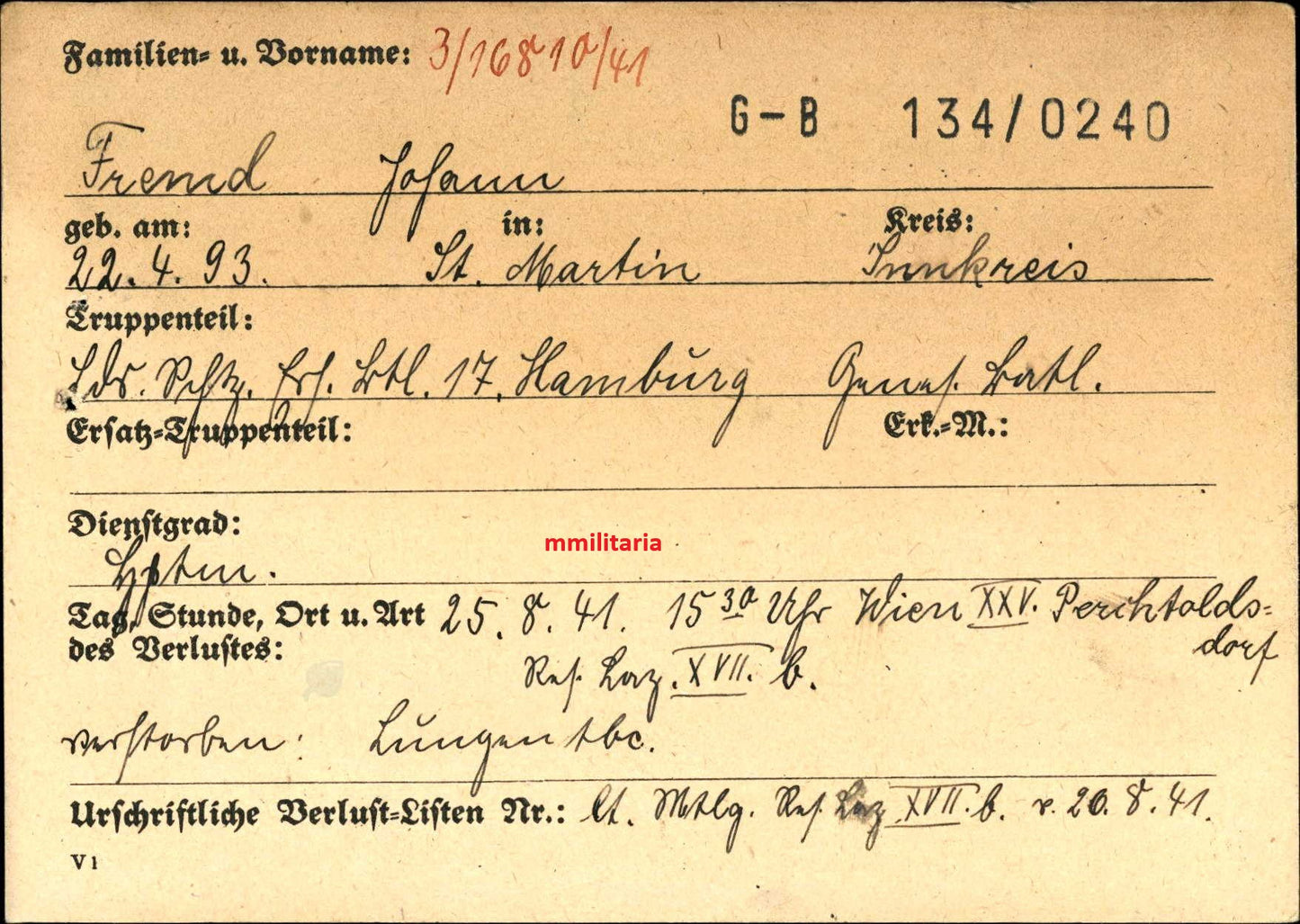 Sterbebild Hauptmann St. Martin Landesschützen Ers. Btl. 17 viele Orden Wien Österreich - www.mmilitaria.com