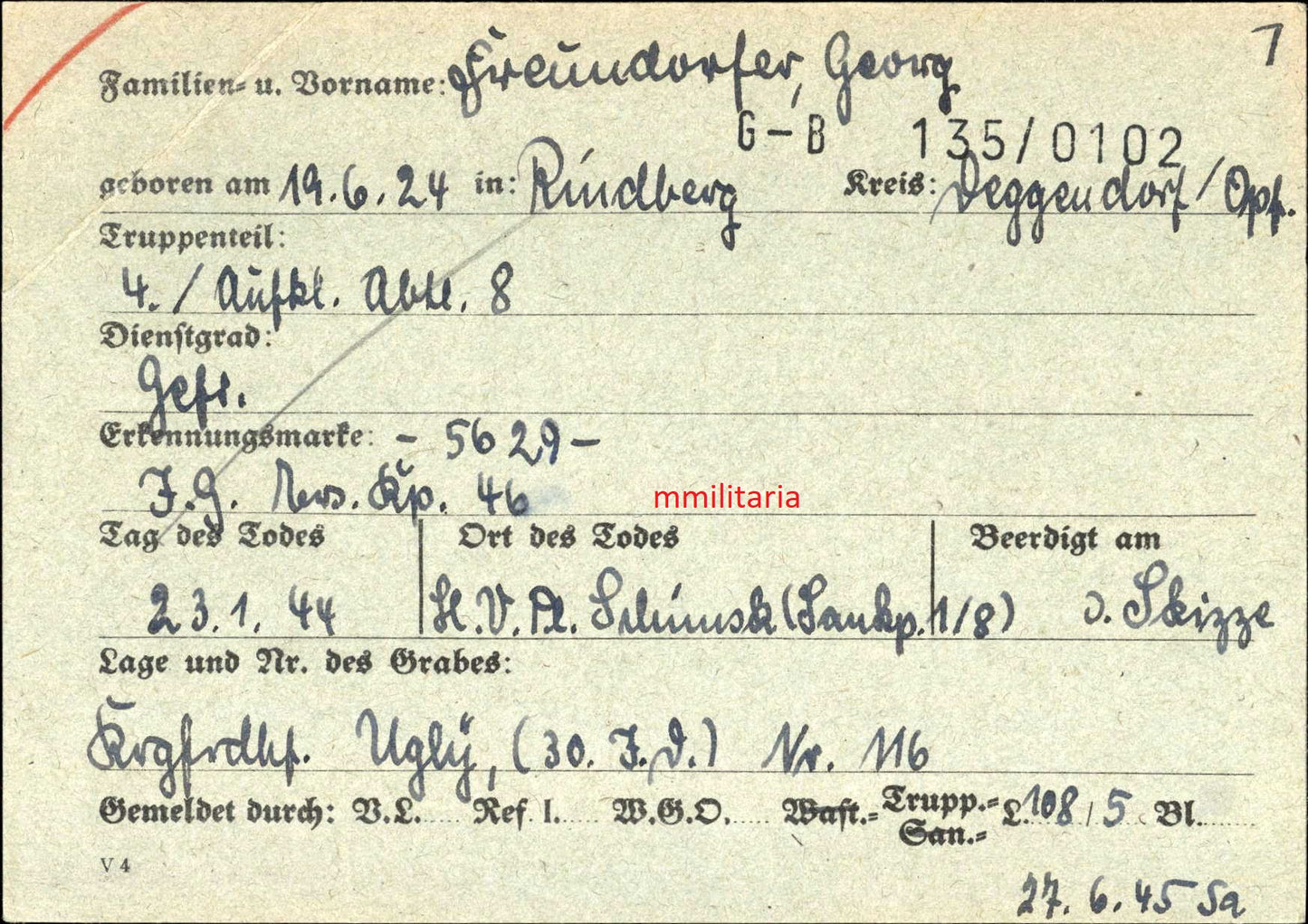 Sterbebild Gefreiter Rindberg Reiterschwadron 4. Aufkl. Abt. 8 Ilmensee Korpowo Russland