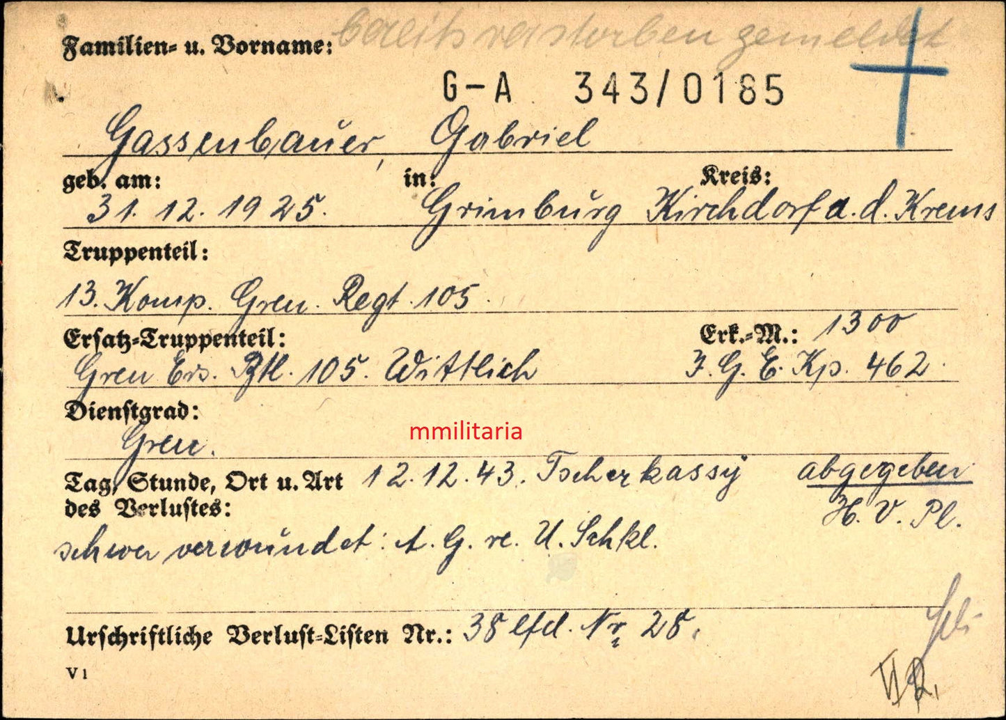 Sterbebild Grenadier Grimburg 13. Komp. Gren. Regt. 105 Tscherkassy Russland
