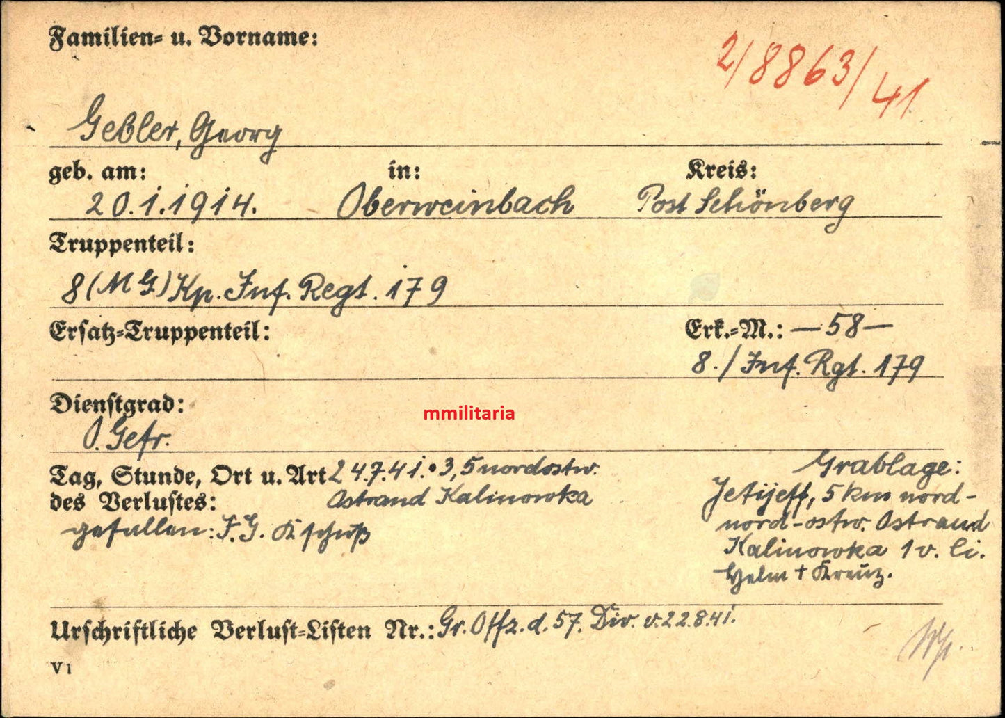 Sterbebild Obergefreiter Oberweinbach 8. (MG) Komp. Inf. Regt. 179 Kalinowka Russland - www.mmilitaria.com