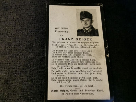 Sterbebild Obergefreiter Alkoven Gebirgs-Jäger Regt. Hoher Norden - www.mmilitaria.com