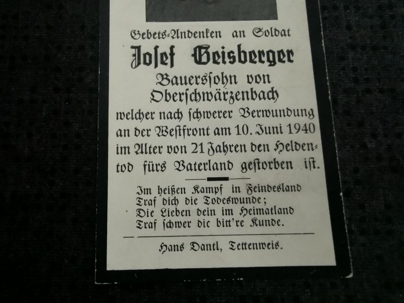 Sterbebild SS-Mann Oberschwärzenbach 1. Komp. SS Regt. "Deutschland" Westfront Lazarett Mannheim