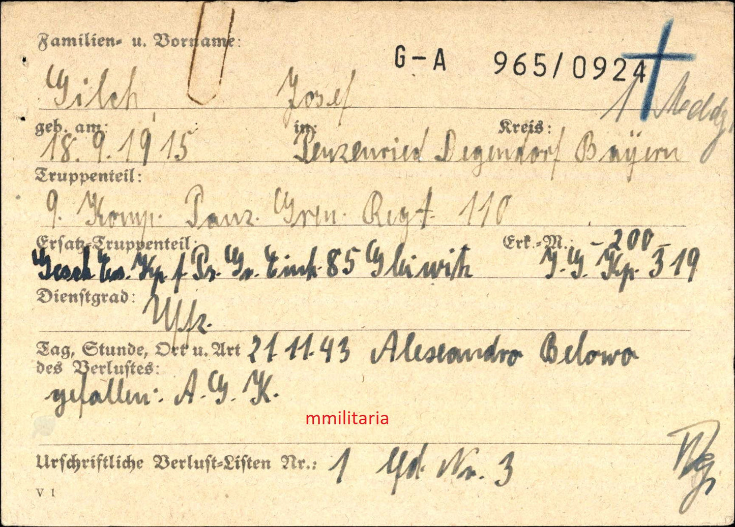 Sterbebild Unteroffizier Deggendorf 9. Komp. Panzer-Gren. Regt. 110 PKA Belowo Russland