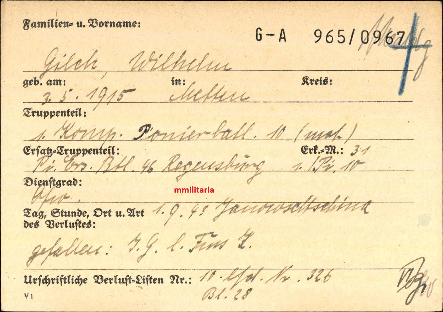 Sterbebild Oberfeldwebel Metten Zugführer 1. Komp. Pionier-Btl. 10 Janowschtschina Ukraine