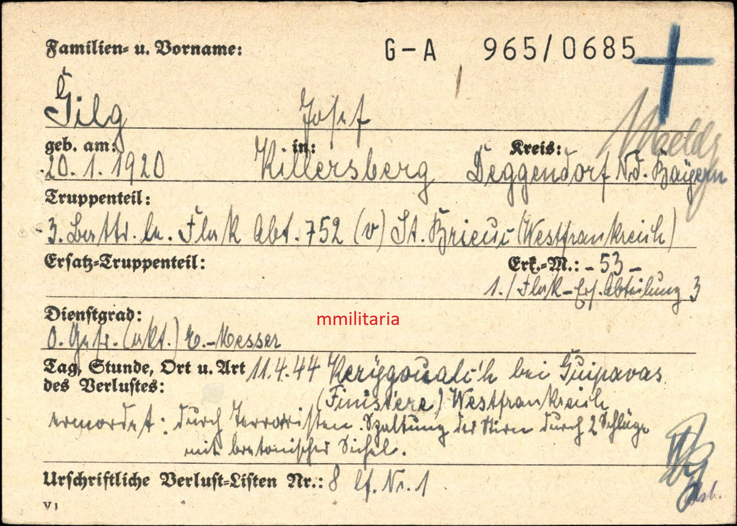 Sterbebild Obergefreiter Killersberg 3. Batterie Leichte Flak Abt. 752 Guipavas Ploudaniel-Lesneven Frankreich