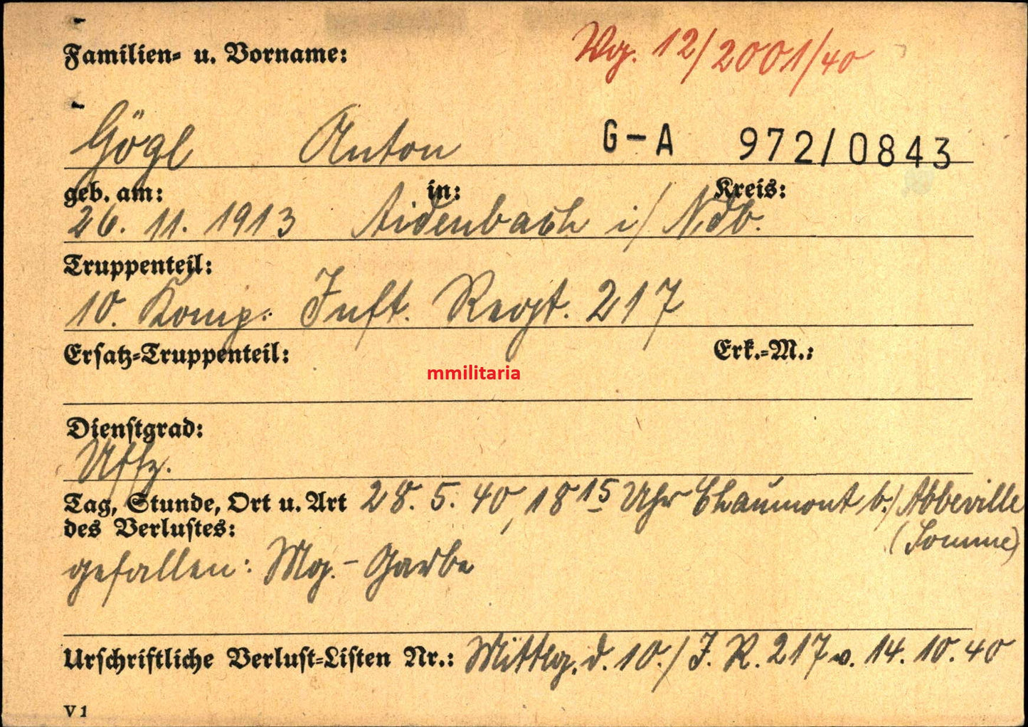 Sterbebild Unteroffizier Aidenbach 10. Komp. Inf. Regt. 217 Chaumont Abbeville Frankreich