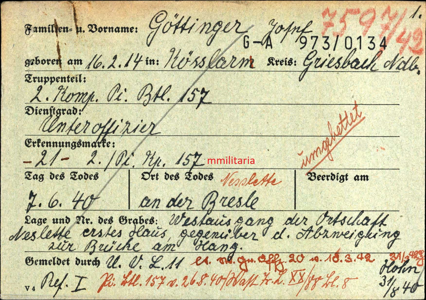 Sterbebild Unteroffizier Kösslarn 2. Komp. Pio. Btl. 157 Spähtrupp Bresle Neslette Frankreich