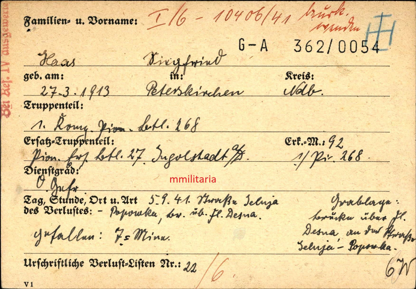 Sterbebild Obergefreiter Peterskirchen 1. Komp. Pio. Btl. 268 Tod durch Mine Jelnja Russland