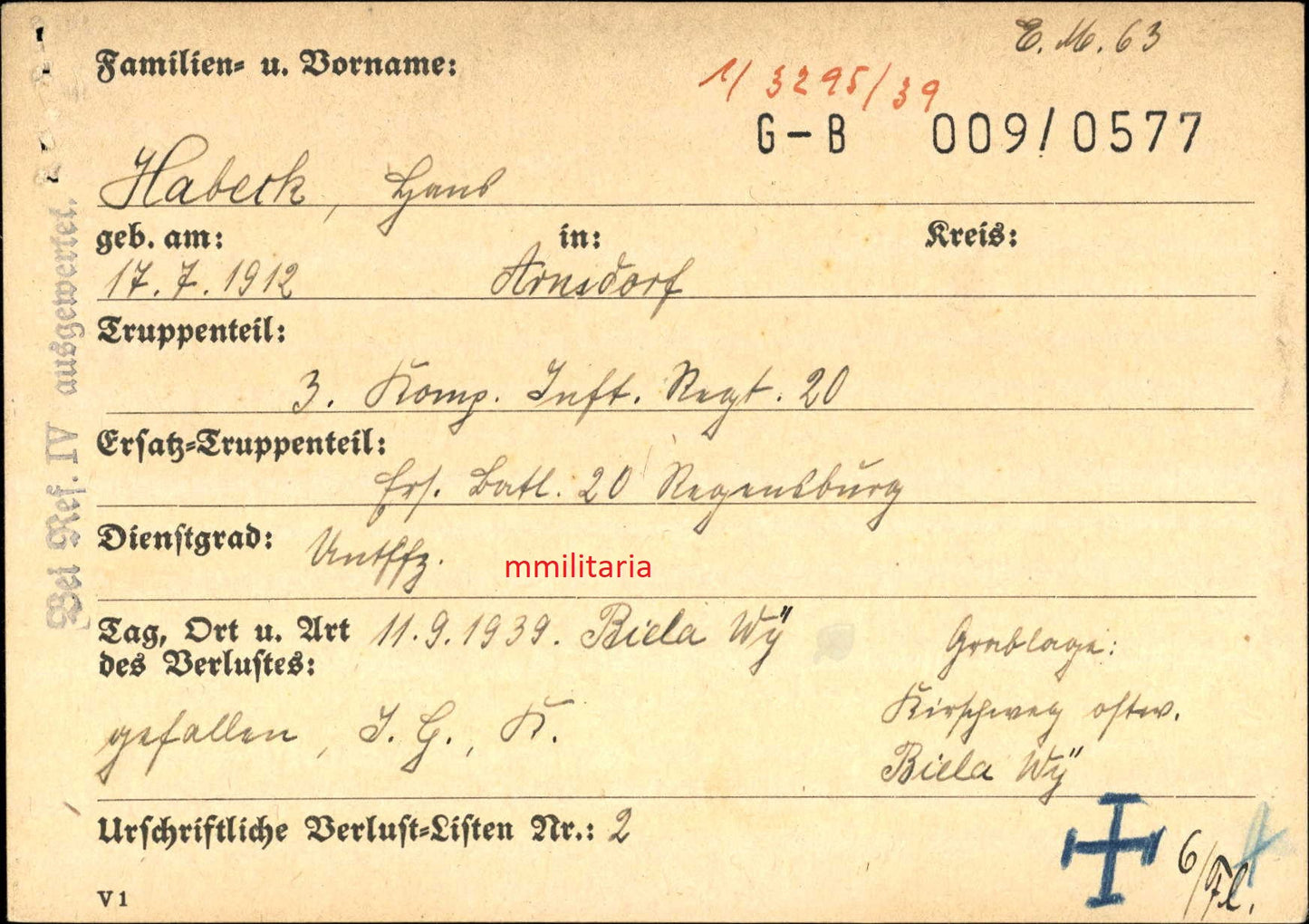 Sterbebild Unteroffizier Arnstorf 3. Komp. Inf. Regt. 20 Bielawy Polen Kriegsbeginn 1939