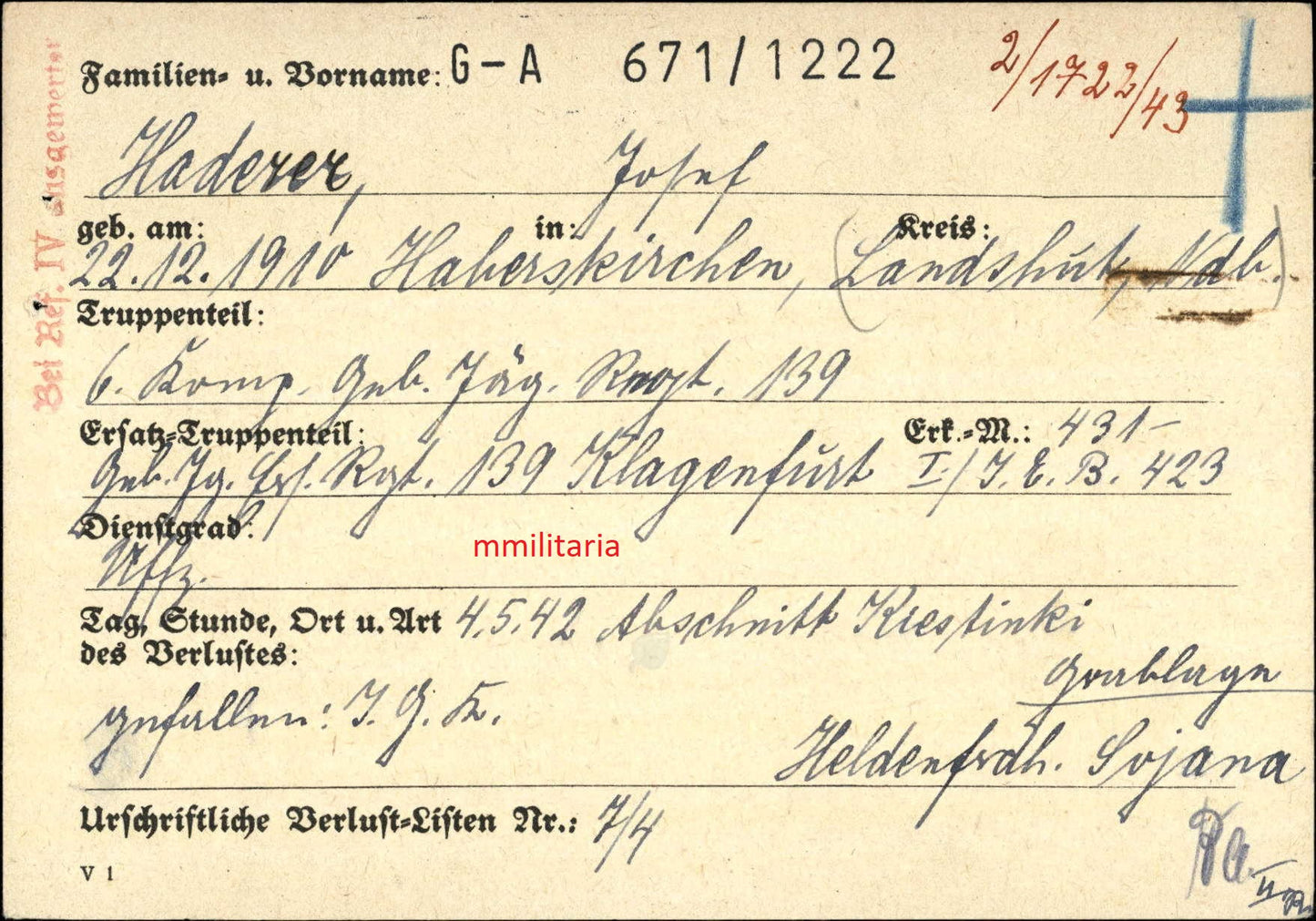 Sterbebild Familie Unteroffizier 6. Komp. Gebirgsjäger Regt. 139 Louchi Kiestinki Finnland