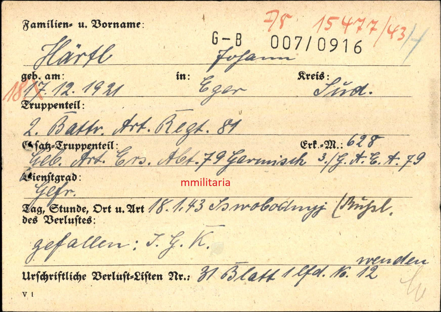 Sterbebild Gefreiter Eger 2. Batterie Art. Regt. 81 Swobodnyj Krasnodar Russland