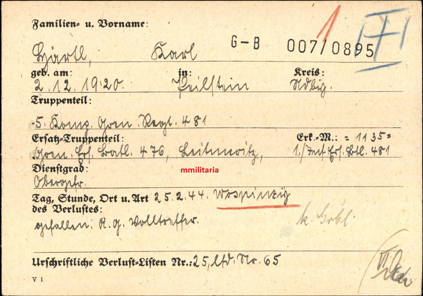 Sterbebild Gefreiter Keilstein 5. Komp. Gren. Regt. 481 Woschinzy Weissrussland