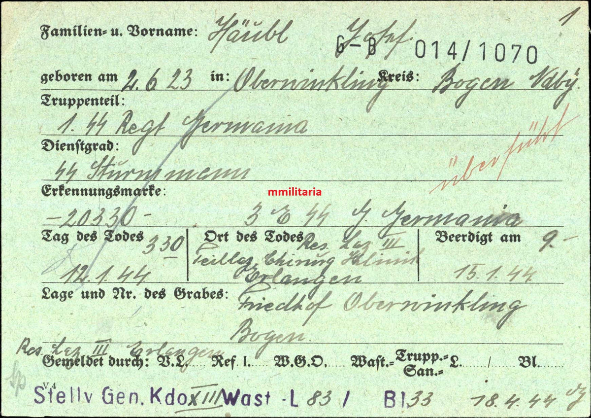 Sterbebild SS-Sturmmann Oberwinkling 1. SS-Regt. "Germania" Lazarett Erlangen