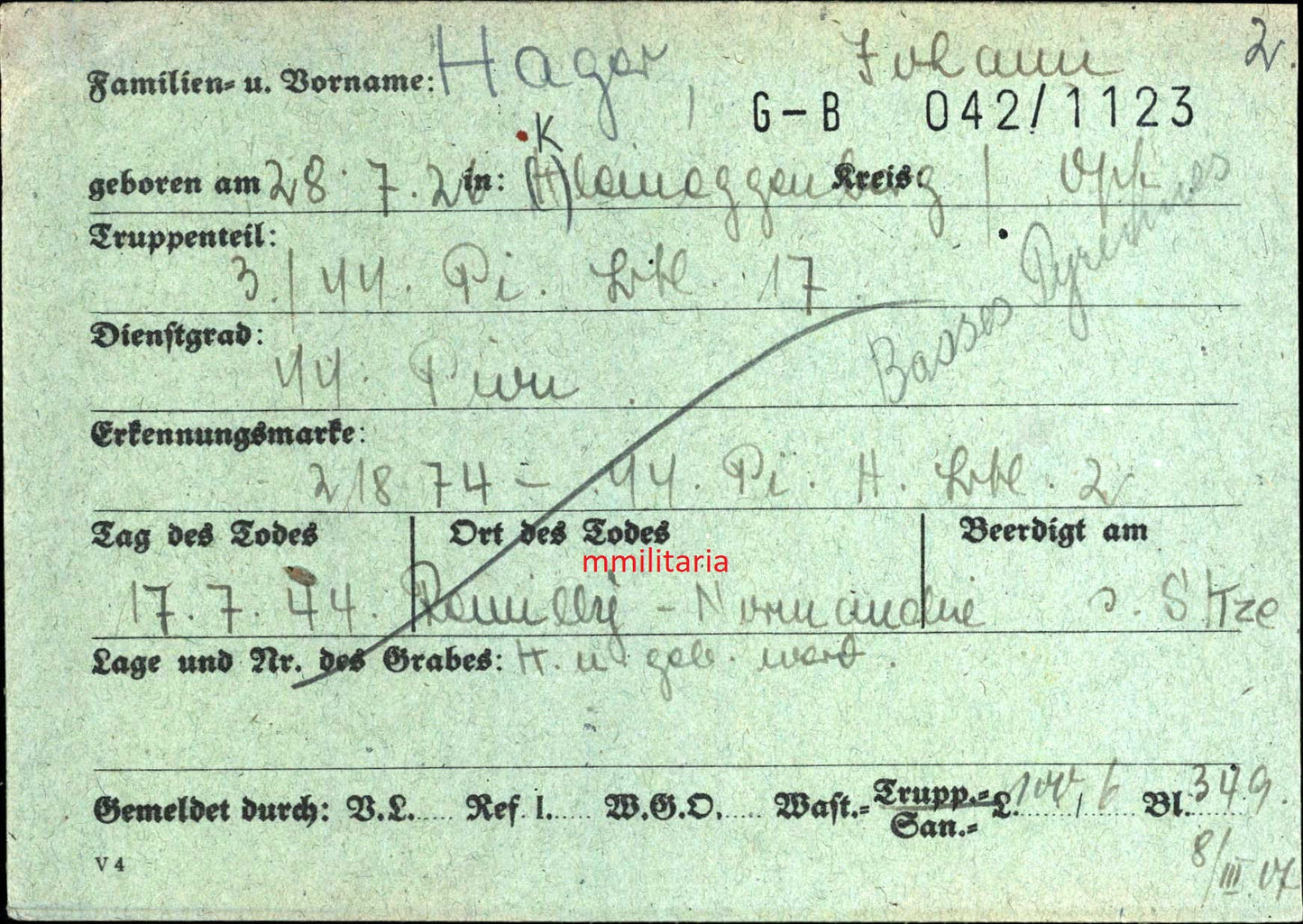 Sterbebild SS-Pionier 18 Jahre 3. SS Pionier Abt. 17 Normandie Marigny Frankreich