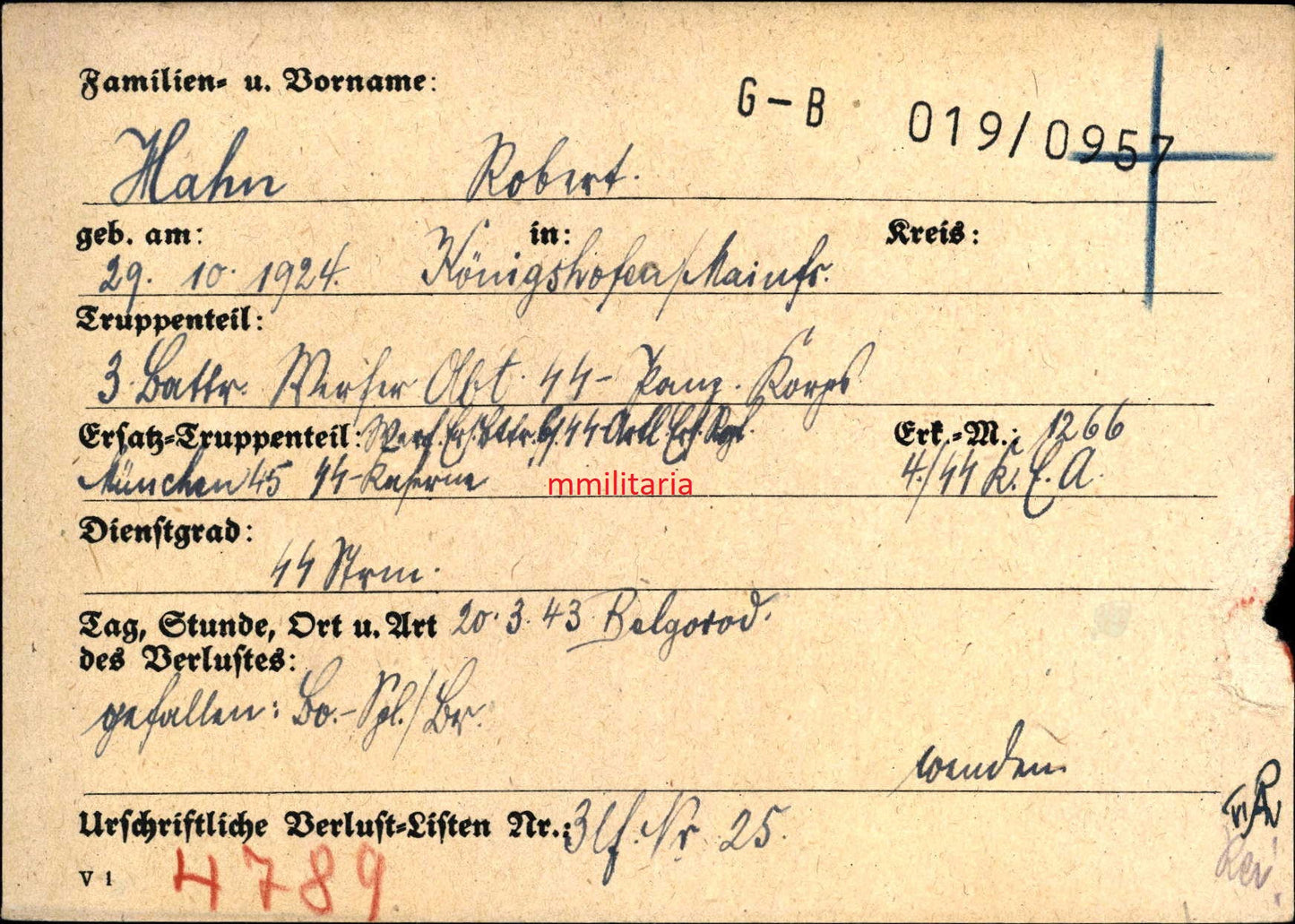 Sterbebild SS-Sturmmann Königshofen 3. Batterie Werfer Abt. SS-Panzer Korps Bjelgorod Russland