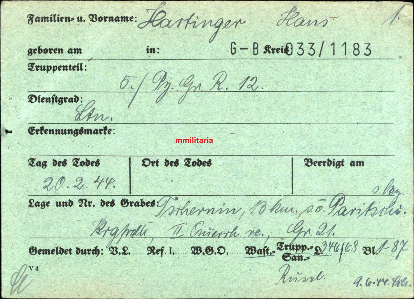 Sterbebild Leutnant & Kompanie-Chef Nürnberg 5. Pz.- Gren. Regt. 12 Poganzy Weissrussland