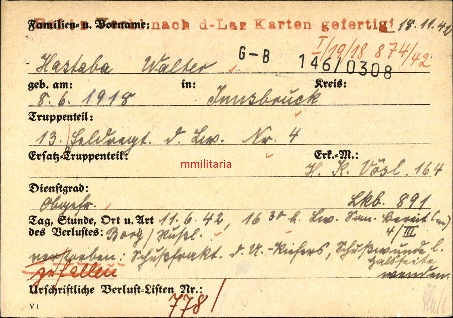 Sterbebild Obergefreiter Innsbruck 13. Feldregt. der LW Bory Korpowo Russland