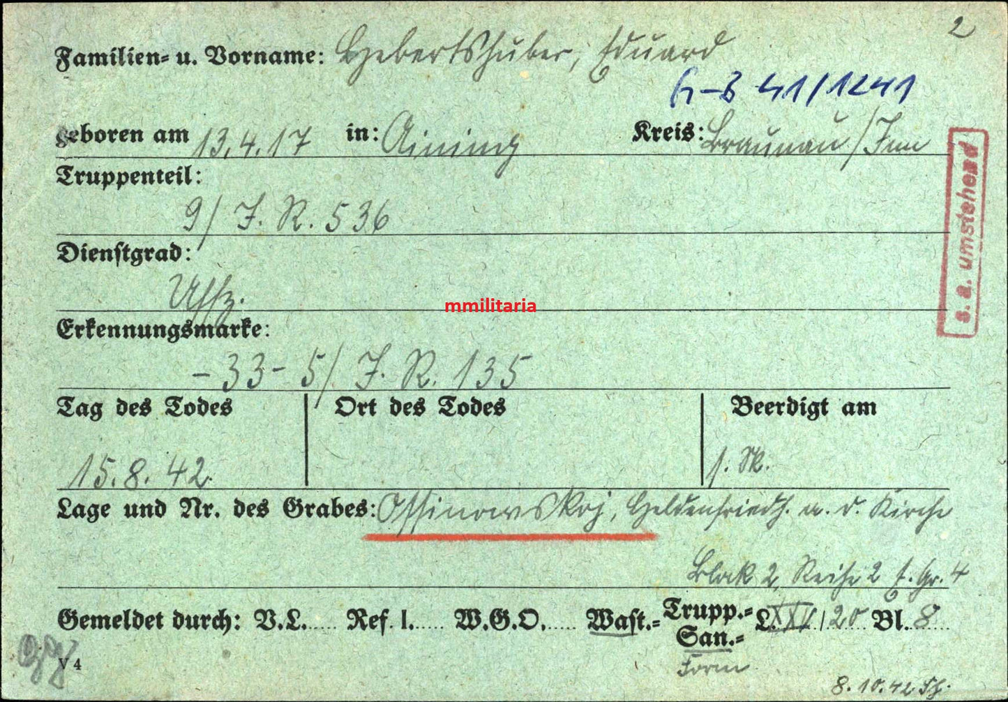 Sterbebild Unteroffizier Mining 9. Inf. Regt. 536 Ossinowskoj Russland
