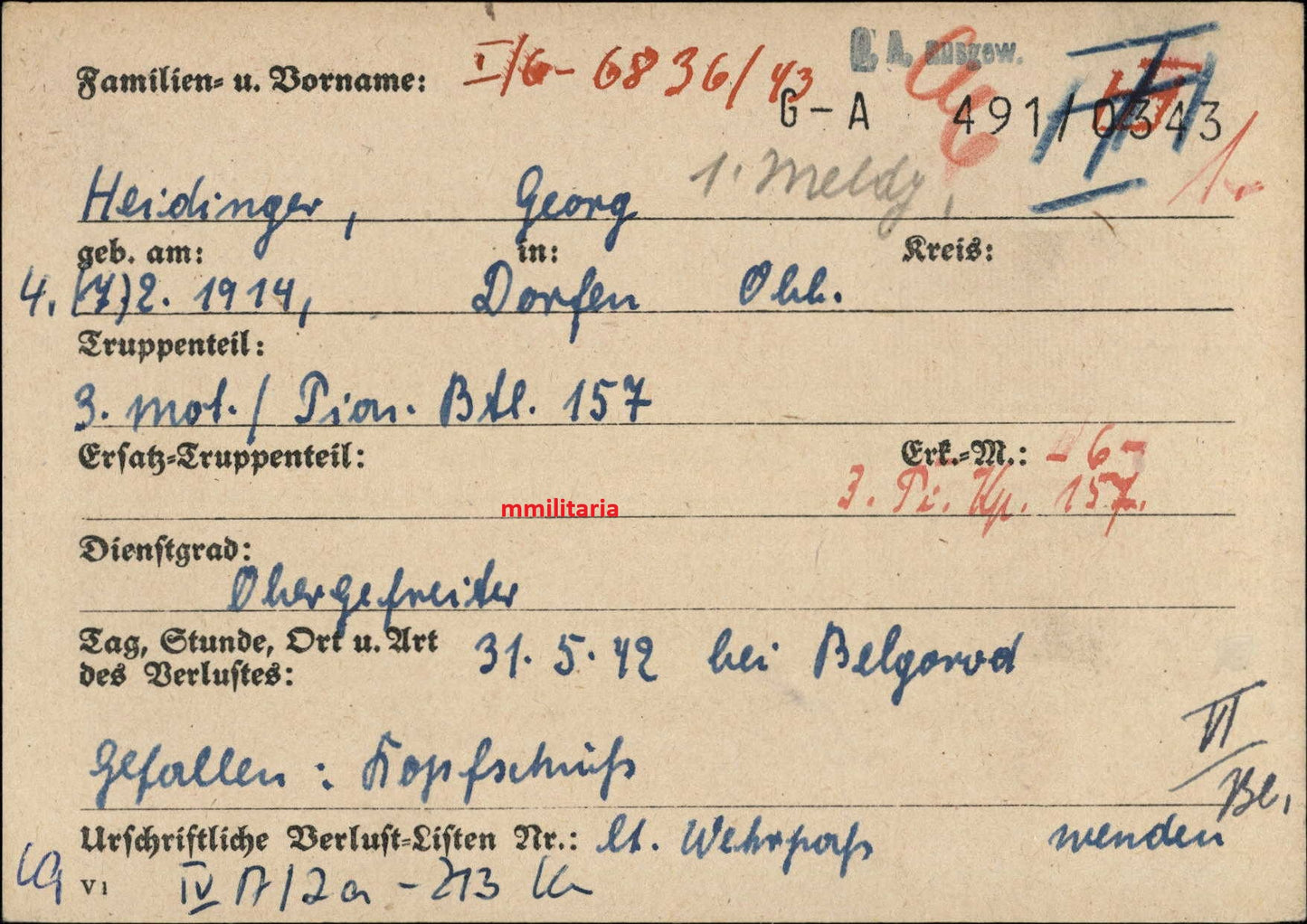 Sterbebild Obergefreiter Dorfen 3. Mot. Pionier Btl. 157 Charkow Ukraine