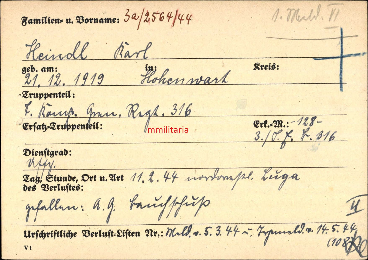 Sterbebild Unteroffizier Hohenwart 7. Komp. Gren. Regt. 316 NKS Luga Russland