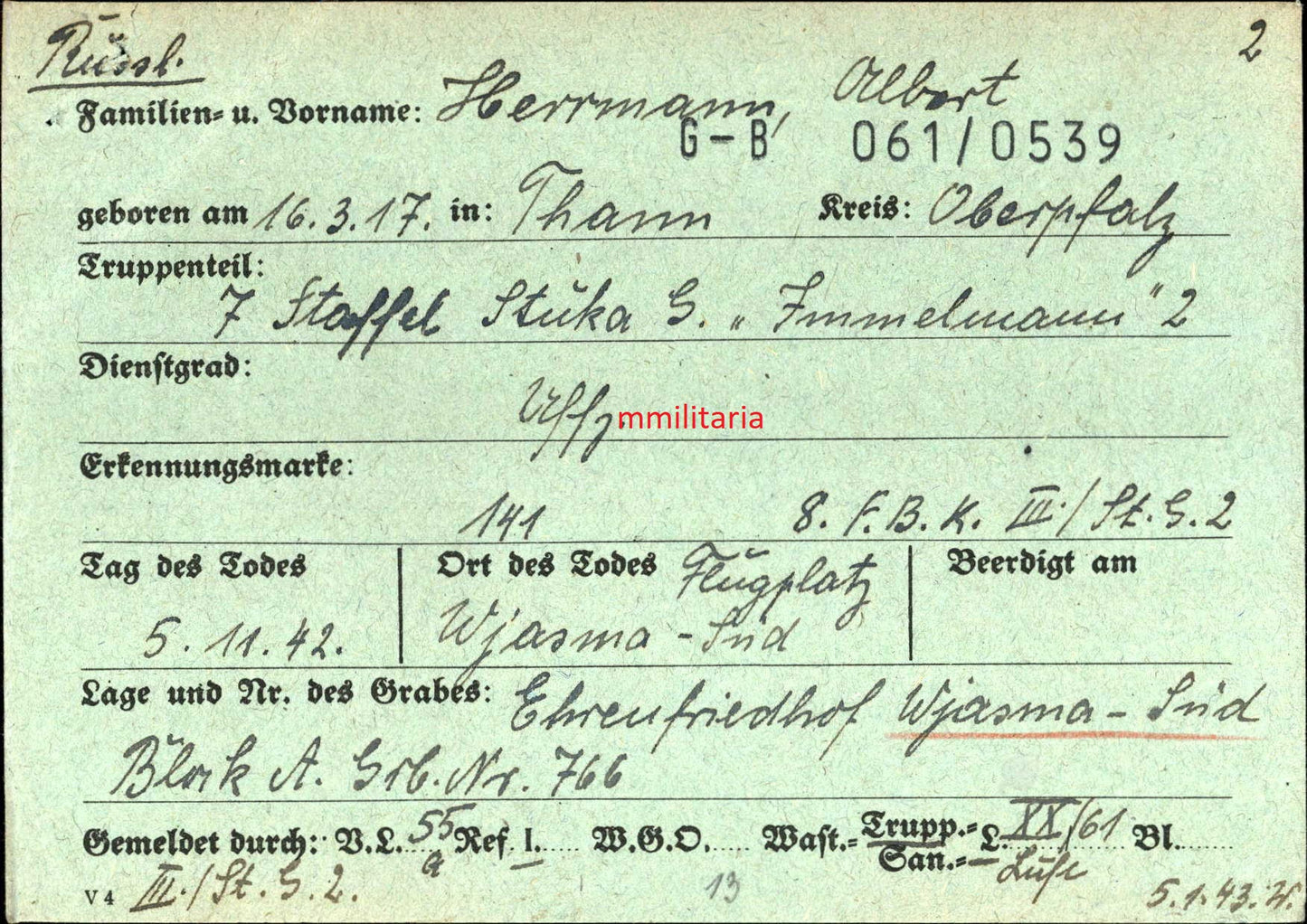 Sterbebild Unteroffizier Thann Mechaniker 7./ Stukageschwader 2 "Immelmann" Wjasma Russland