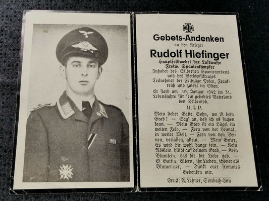 Sterbebild Hauptfeldwebel Ehring/Inn 4. Jagdgeschwader 52 "Legion Condor" silb. Spanienorden Verdienstkreuz Spanienkämpfer Dyatlicha Russland - www.mmilitaria.com