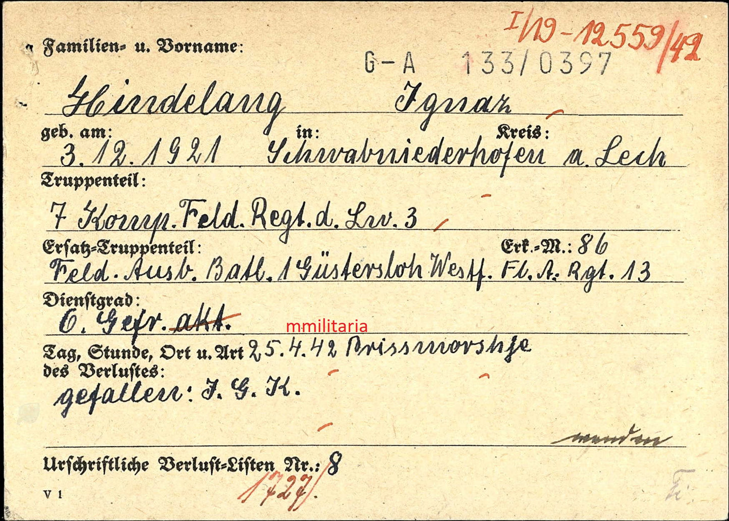 Sterbebild Obergefreiter 7. Komp. Feld Regt. der Luftwaffe 3 Prissmorskje Russland