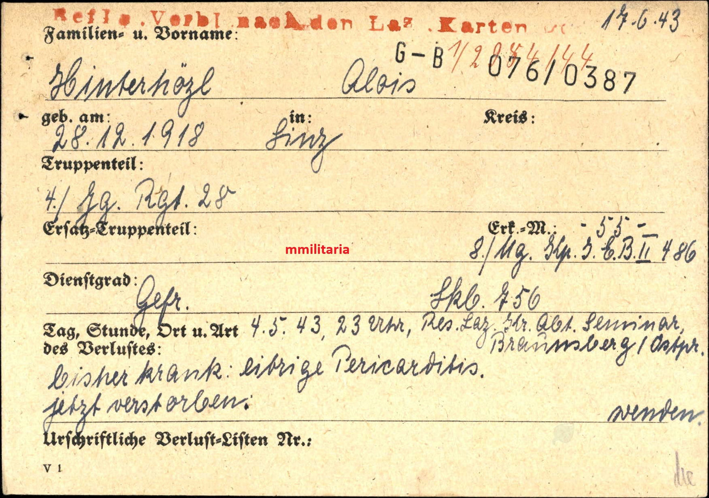 Sterbebild Gefreiter Linz 4. Gren. Regt. 28 Braunsberg Ostpreußen