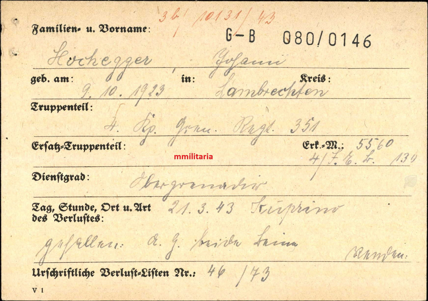 Sterbebild Obergrenadier Lambrechten MG-Schütze 4. Komp. Gren. Regt. 351 Kuprino Russland