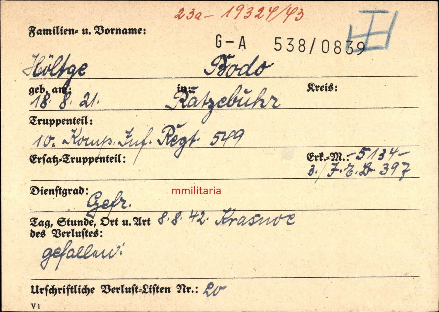 Sterbebild Trauerbrief Gefreiter OA Wiesbaden 10. Komp. Inf. Regt. 549 Rshew Krasnoje Russland