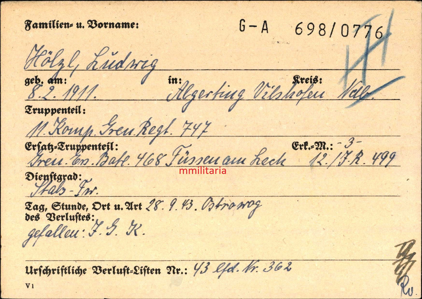 Sterbebild Stabsfeldwebel Algerting 11. Komp. Gren. Regt. 747 Abwehrkämpfe Osten