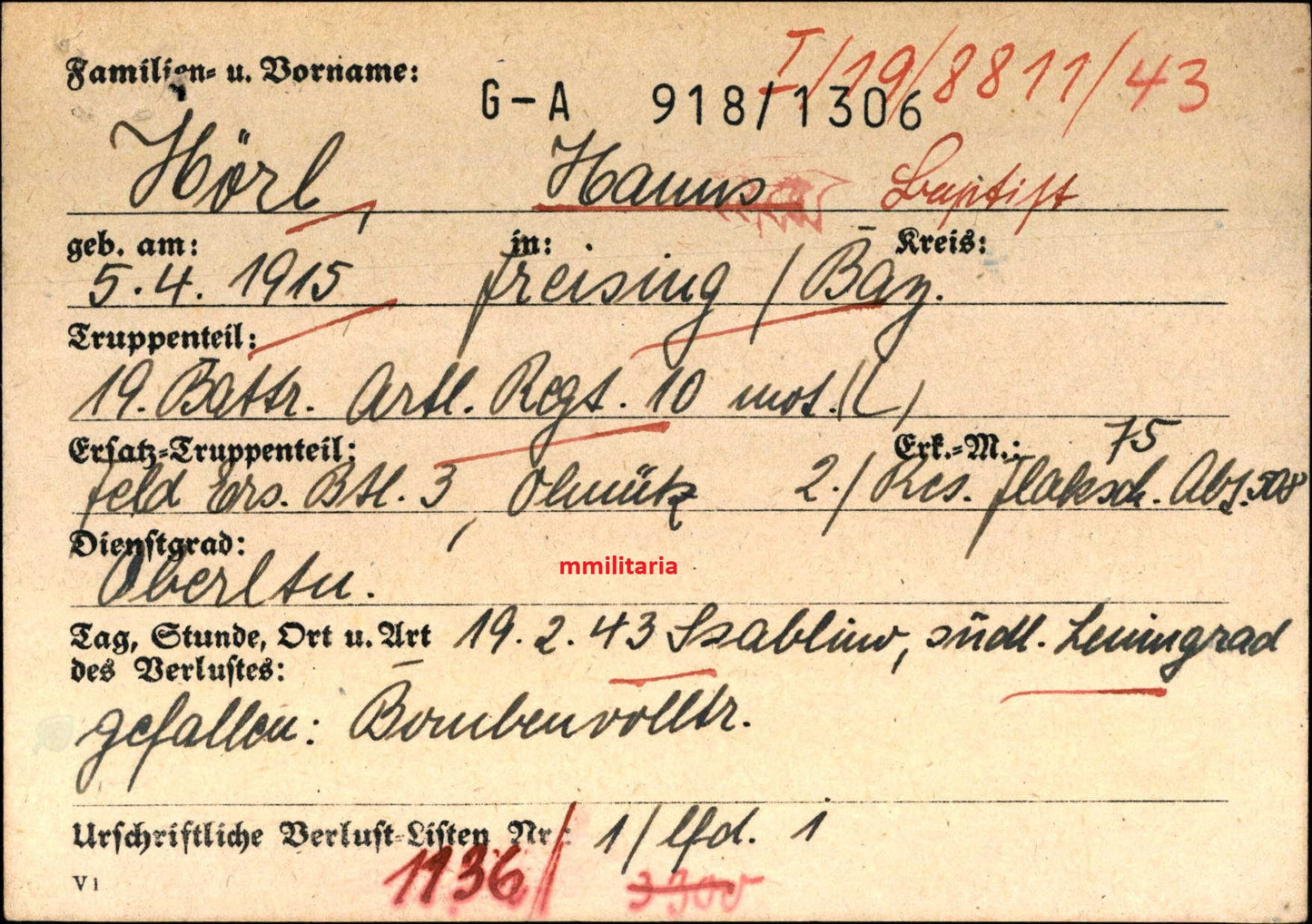 Sterbebild Oberleutnant Freising Sturmgeschütz-Batterie 19. Batterie Art. Regt. 10 (Mot) Leningrad Russland