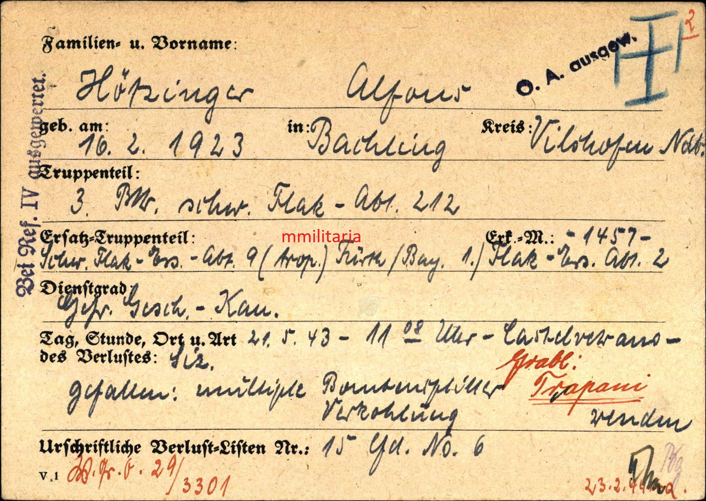 Sterbebild Brüder Bachling Schütze 3. Kradschützen Btl. 17 Gefreiter 3. Schwere Flak-Abt 212 Castelvetrano Trapani Sizilien Italien