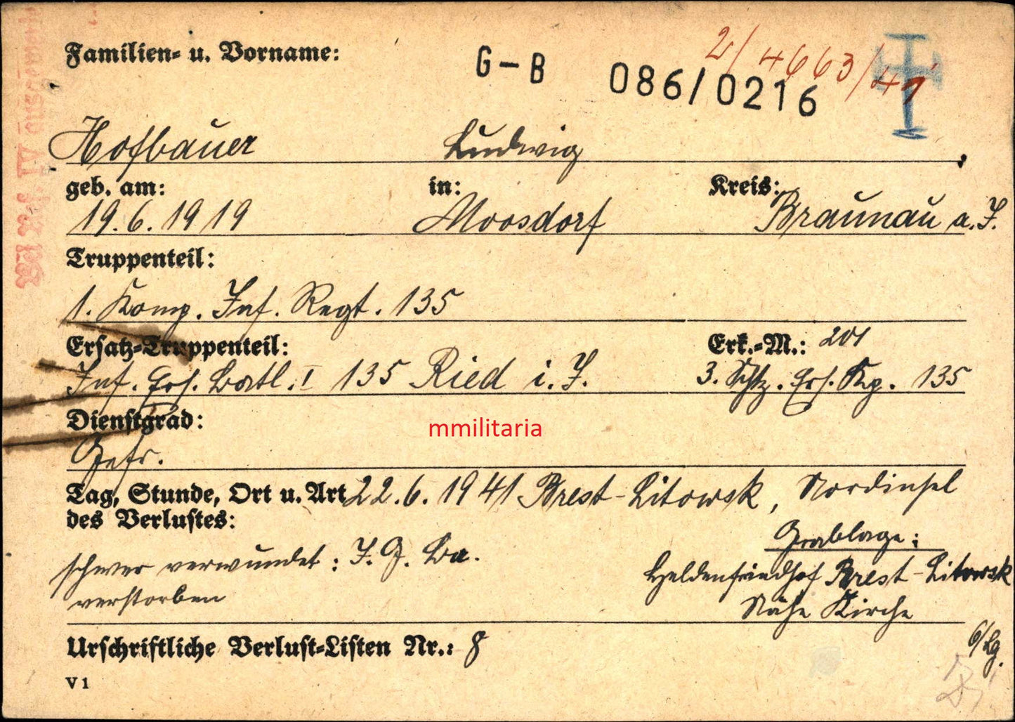 Sterbebild Gefreiter Moosdorf 1. Komp. Inf. Regt. 135 Erstürmung Zitadelle Brest-Litowsk Weissrussland