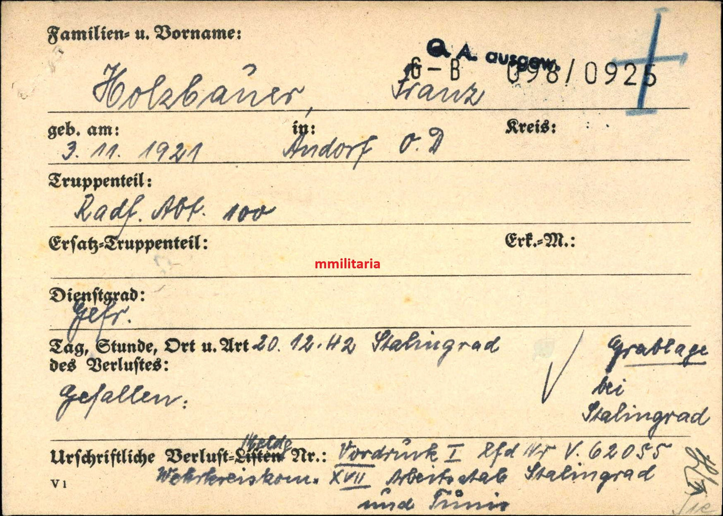 Sterbebild Gefreiter Andorf Radfahr-Abt. 100 Stalingrad Russland - www.mmilitaria.com