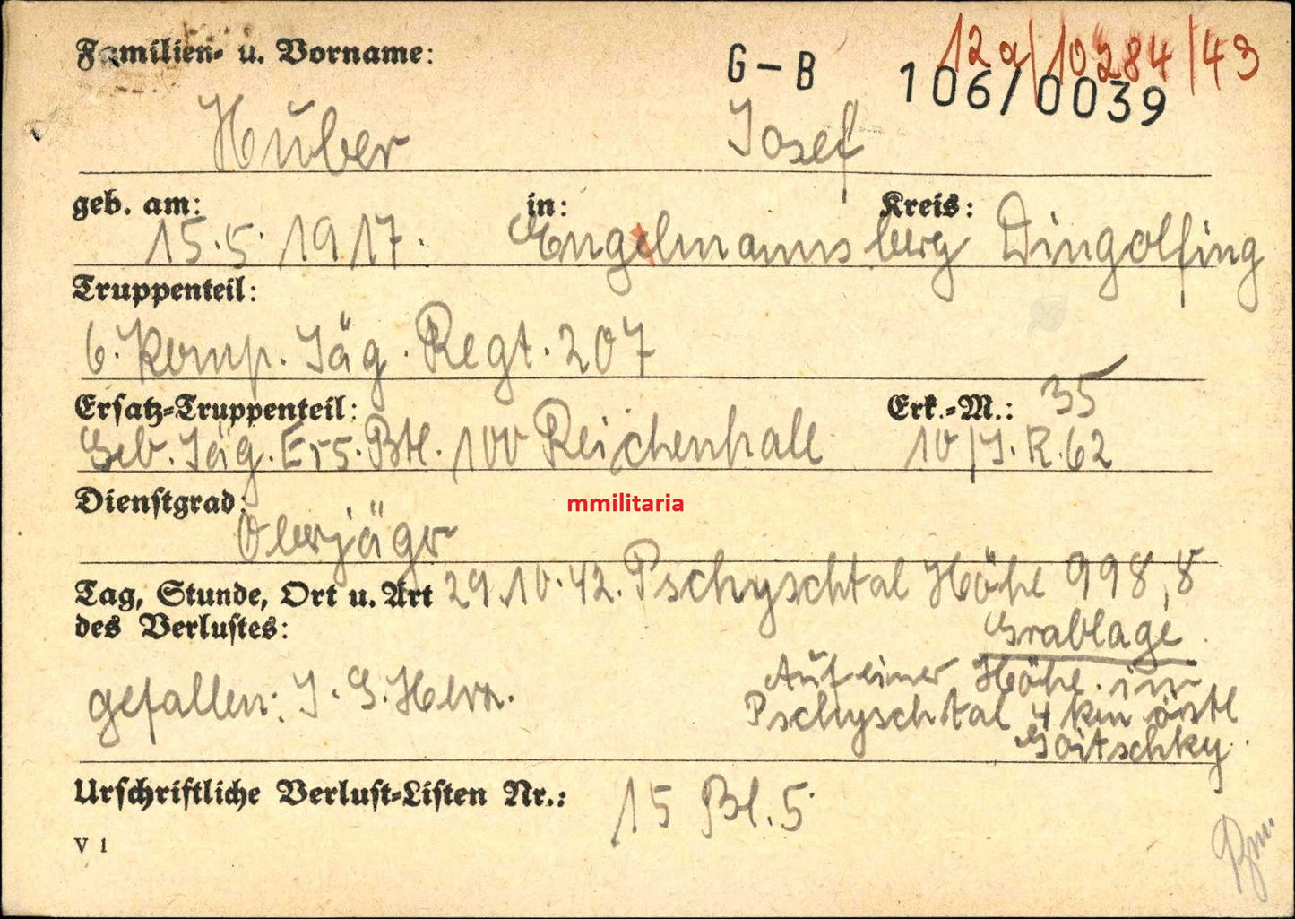 Sterbebild Unteroffizier Engelmannsberg 3. Komp. Geb.-Jäger Regt. 207 Pschyschtal Höhe 998 Kaukasus