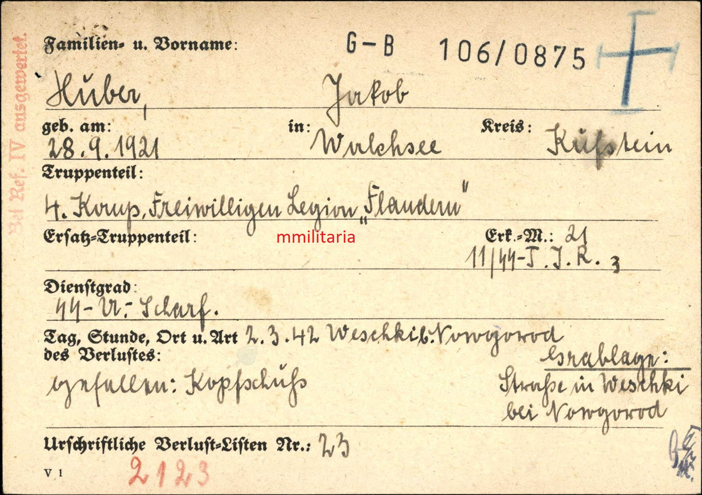 Sterbebild SS-Unterscharführer Walchsee 4. Komp. Freiwilligen Legion "Flandern" Nowgorod Russland