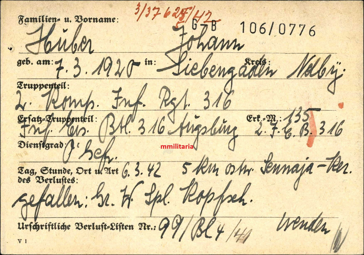 Sterbebild Obergefreiter Siebengadern 2. Komp. Inf. Regt. 316 Sennaja-ker Russland - www.mmilitaria.com