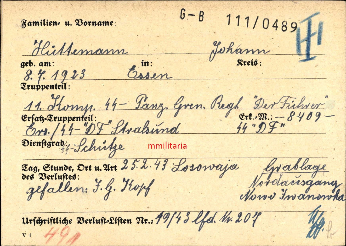 Kleines Konvolut + Sterbebild SS-Oberschütze Essen-Borbeck SS-Regiment "Der Führer" DF Losowaja Ukraine