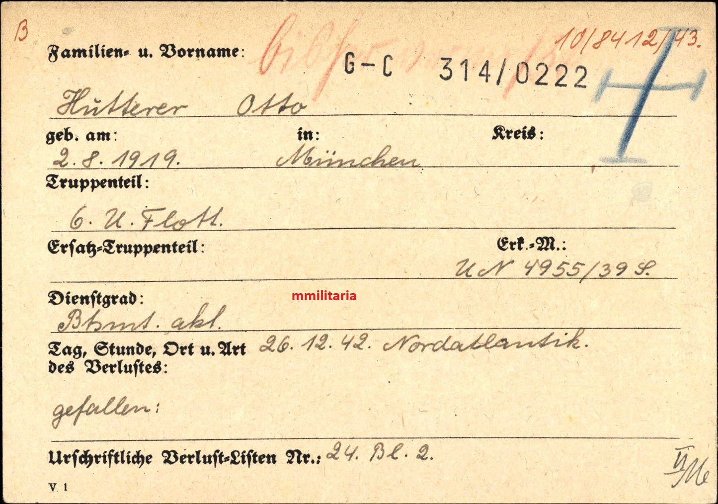 Sterbebild Bootsmannsmaat München 6. U-Flottille U-Boot 357 Irland Nordatlantik - www.mmilitaria.com