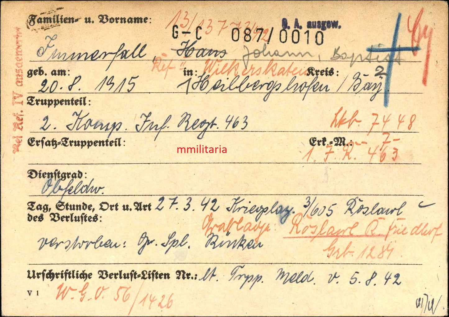 Sterbebild Oberfeldwebel Heilbergskofen 2. Komp. Inf. Regt. 463 Feldlaz. 3/605 Roslawl Russland
