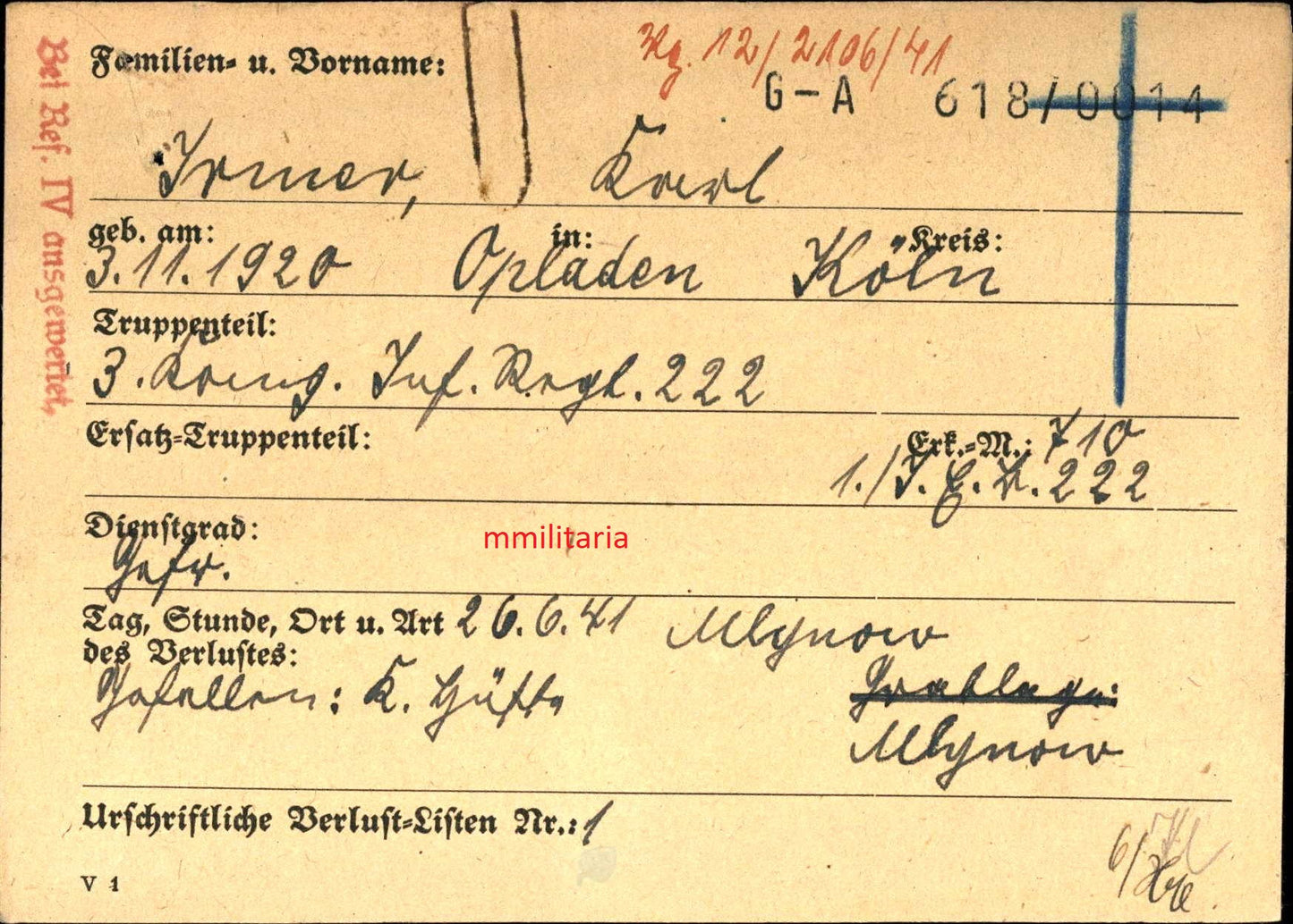 Sterbebild Gefreiter Opladen 3. Komp. Inf. Regt. 222 Shlynow Ukraine