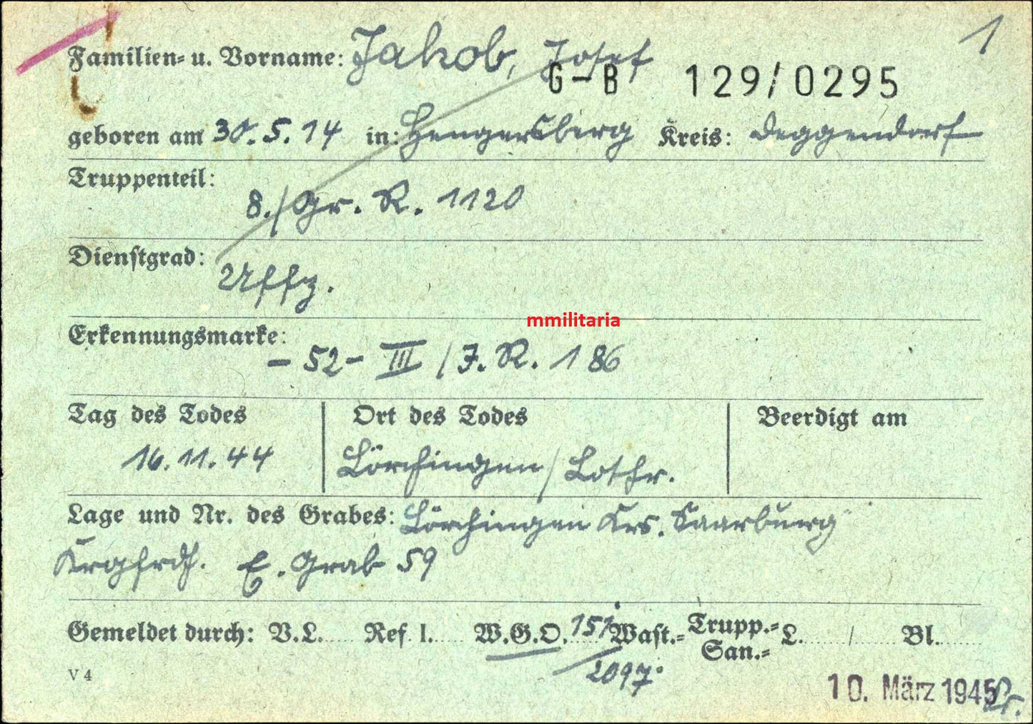 Sterbebild Unteroffizier Hengersberg 8. Gren. Regt. 1120 Lorquin Lörchingen Frankreich